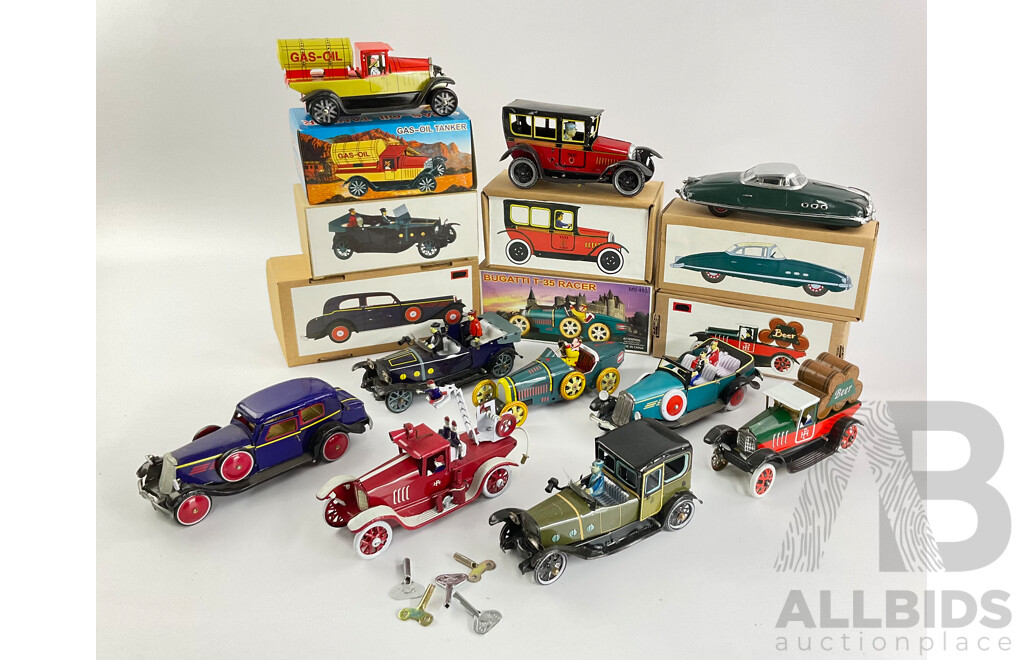 Collection of Pressed Steel Toy Cars, Clockwork and Friction Powered, Most with Original Boxes