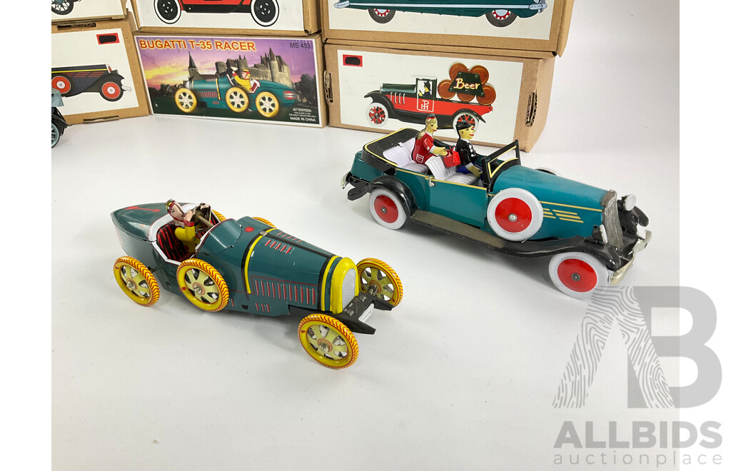 Collection of Pressed Steel Toy Cars, Clockwork and Friction Powered, Most with Original Boxes