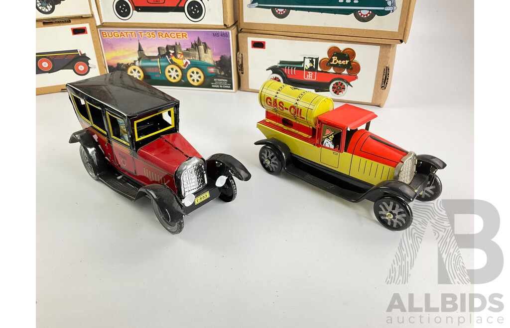 Collection of Pressed Steel Toy Cars, Clockwork and Friction Powered, Most with Original Boxes
