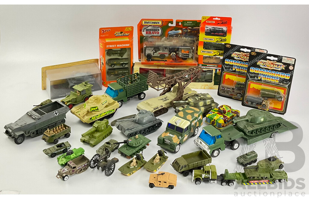 Collection of Diecast and Plastic Army Vehicles Including Boxed Matchbox Tanks, Mission Bravo and Motormax Commando Force