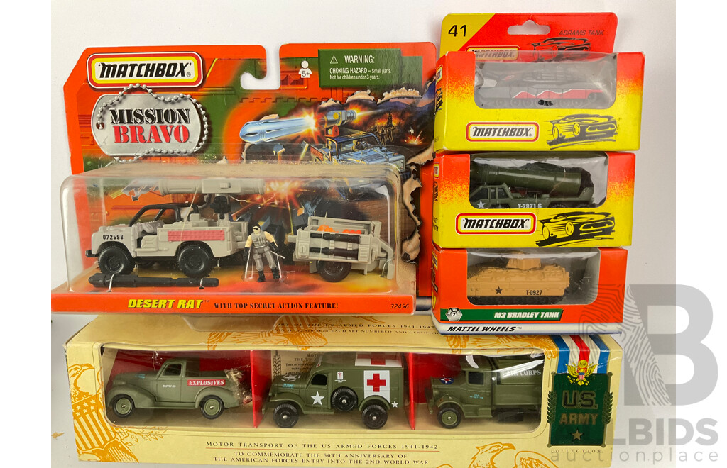 Collection of Diecast and Plastic Army Vehicles Including Boxed Matchbox Tanks, Mission Bravo and Motormax Commando Force