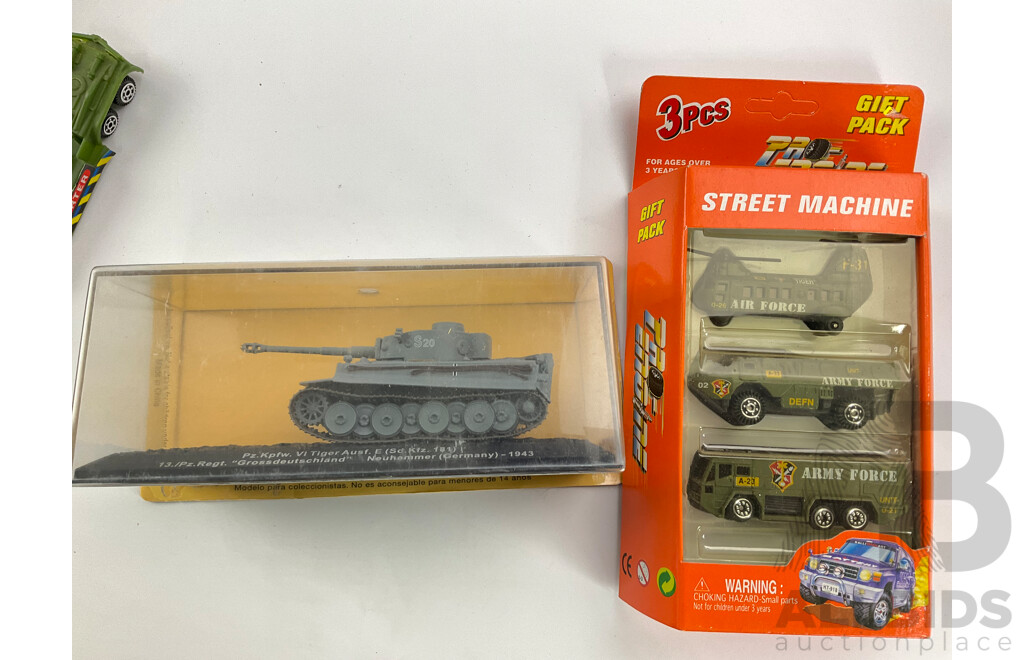 Collection of Diecast and Plastic Army Vehicles Including Boxed Matchbox Tanks, Mission Bravo and Motormax Commando Force