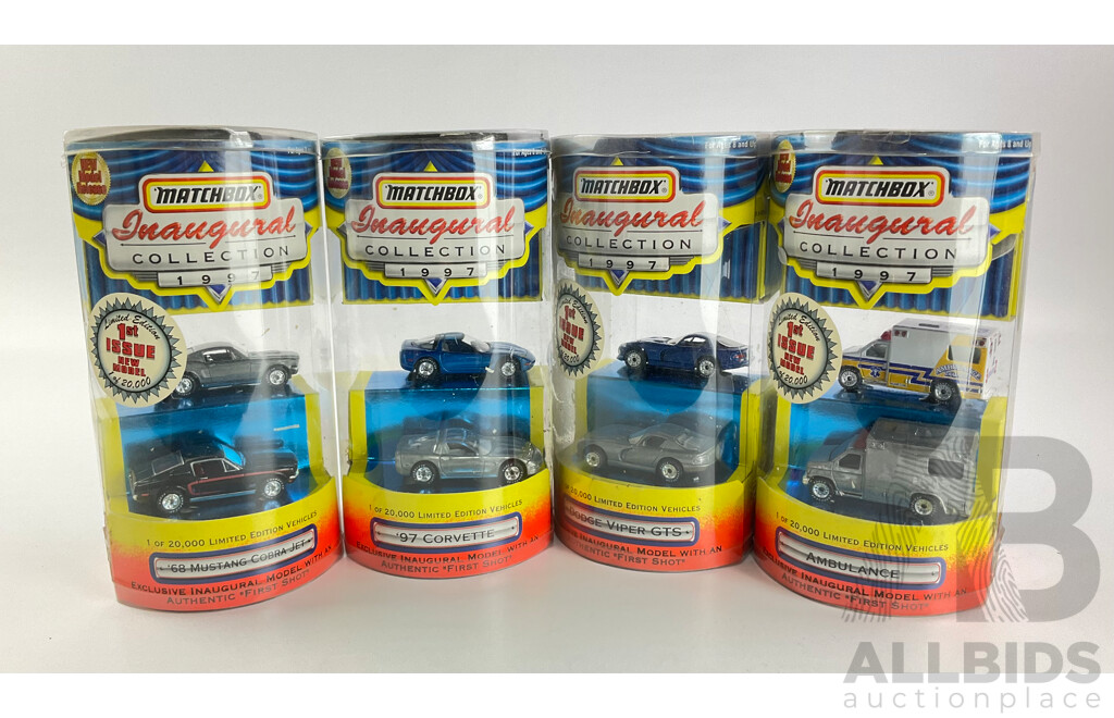 Four 1997 Matchbox Inaugural Collection Packs Including Dodge Viper, Ambulance, 1997 Corvette and Mustang Cobra Jet