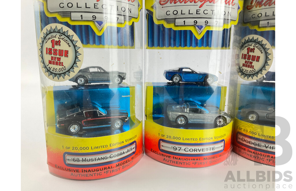 Four 1997 Matchbox Inaugural Collection Packs Including Dodge Viper, Ambulance, 1997 Corvette and Mustang Cobra Jet