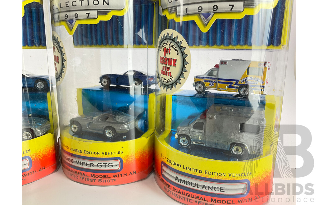 Four 1997 Matchbox Inaugural Collection Packs Including Dodge Viper, Ambulance, 1997 Corvette and Mustang Cobra Jet