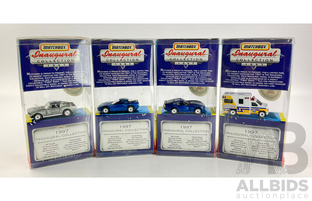 Four 1997 Matchbox Inaugural Collection Packs Including Dodge Viper, Ambulance, 1997 Corvette and Mustang Cobra Jet