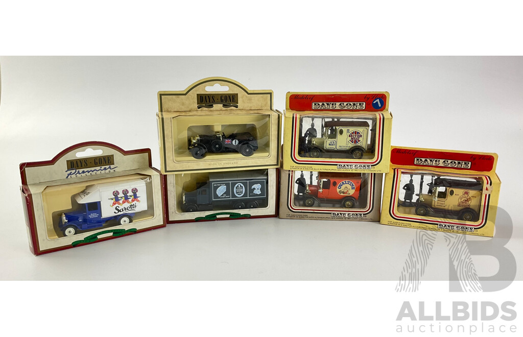 Six Boxed Lledo Days Gone Models Including 1930 4.5 Liter Blue Bentley, 1937 Scammell 6 Wheeler, 1935 Morris Parcel Van, British Meat, Ovaltine, Marcol Trucks
