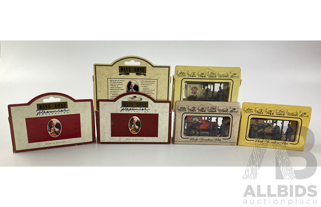 Six Boxed Lledo Days Gone Models Including 1930 4.5 Liter Blue Bentley, 1937 Scammell 6 Wheeler, 1935 Morris Parcel Van, British Meat, Ovaltine, Marcol Trucks