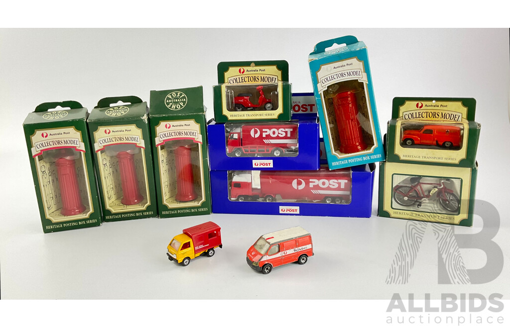 Collection of Diecast Postal Vechicles Including Australia Post Trucks, Scooters and Mail Boxes
