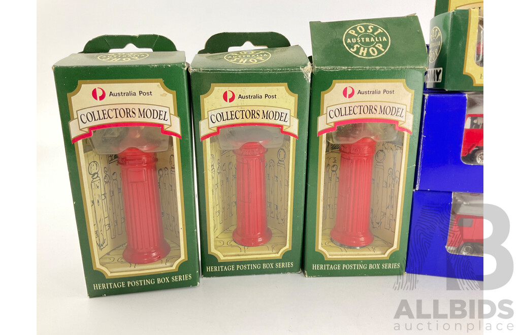Collection of Diecast Postal Vechicles Including Australia Post Trucks, Scooters and Mail Boxes