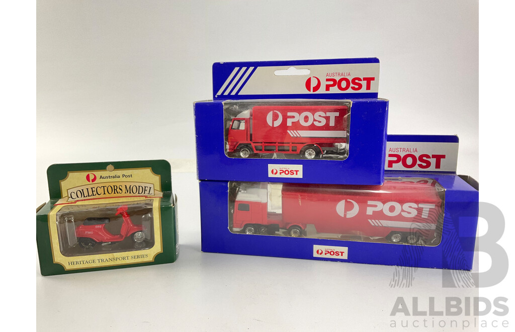 Collection of Diecast Postal Vechicles Including Australia Post Trucks, Scooters and Mail Boxes