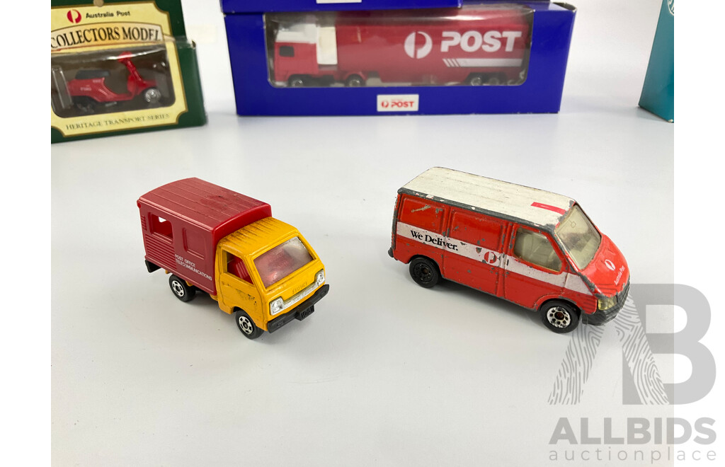 Collection of Diecast Postal Vechicles Including Australia Post Trucks, Scooters and Mail Boxes