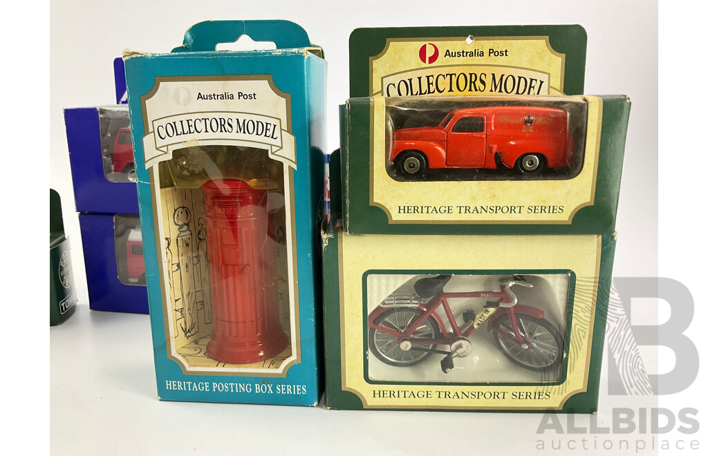 Collection of Diecast Postal Vechicles Including Australia Post Trucks, Scooters and Mail Boxes