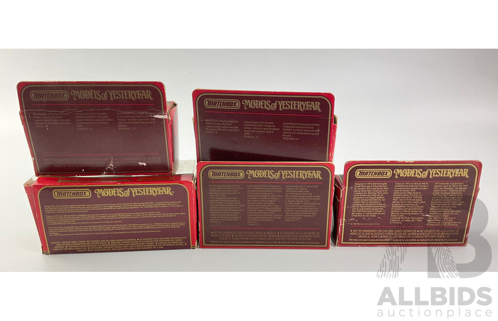 Five Boxed Matchbox Models of Yesteryear Including Y-33 1930 Mack AC, Y-30 1920 Mack AC, Y-3 1912 Model T Ford Tanker, Y-23 1922 AEC Omnibus