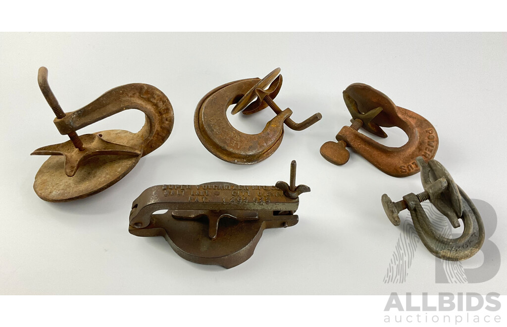 Five Vintage Vulcanizer Clamps Including Super Vulcanizer MFG. Co and Leggetts, Made in Australia