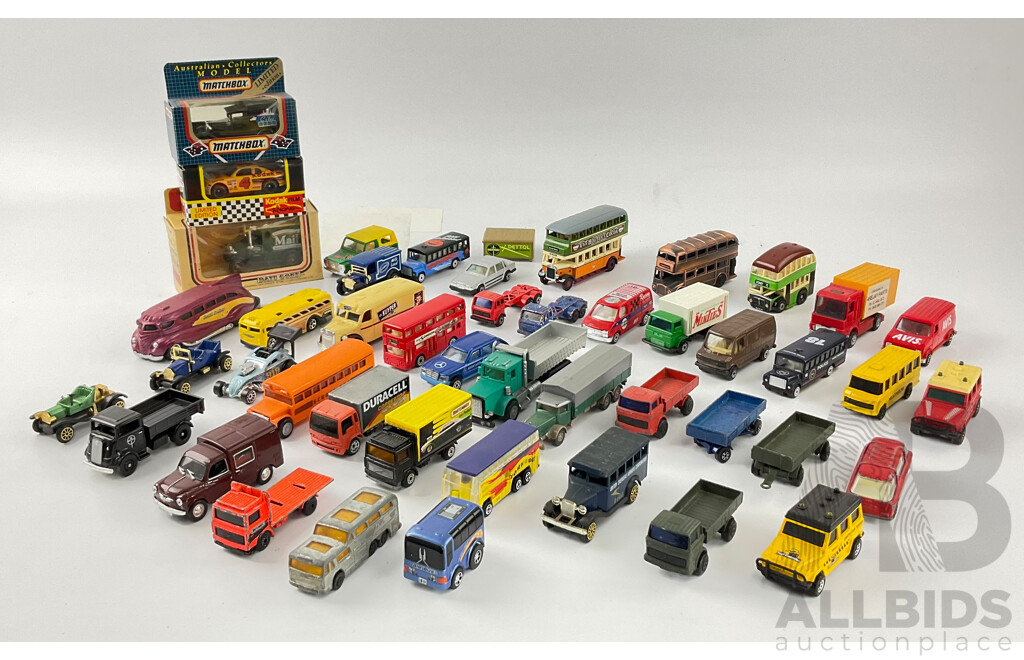 Collection of Diecast Trucks, Cars and Buses Including Mathbox, Days Gone, Corgi, Maisto