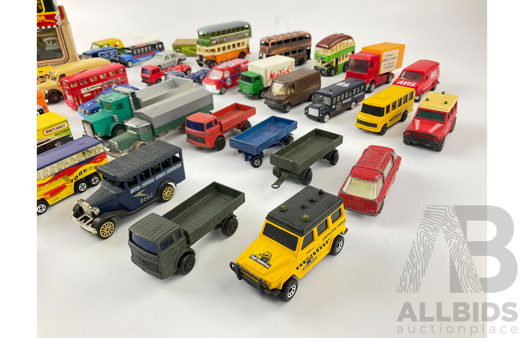 Collection of Diecast Trucks, Cars and Buses Including Mathbox, Days Gone, Corgi, Maisto