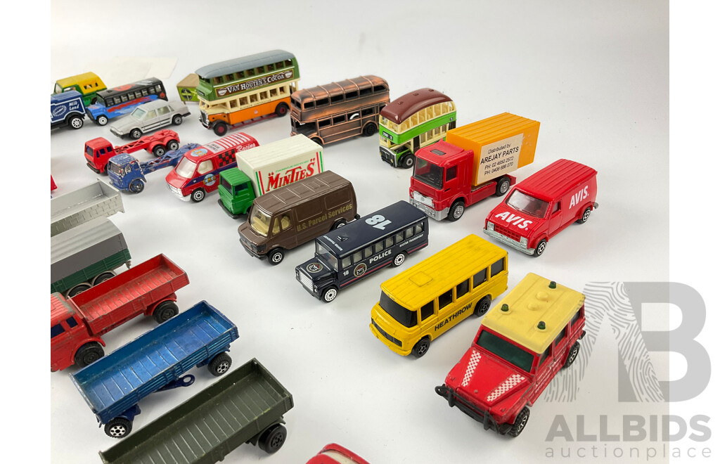 Collection of Diecast Trucks, Cars and Buses Including Mathbox, Days Gone, Corgi, Maisto