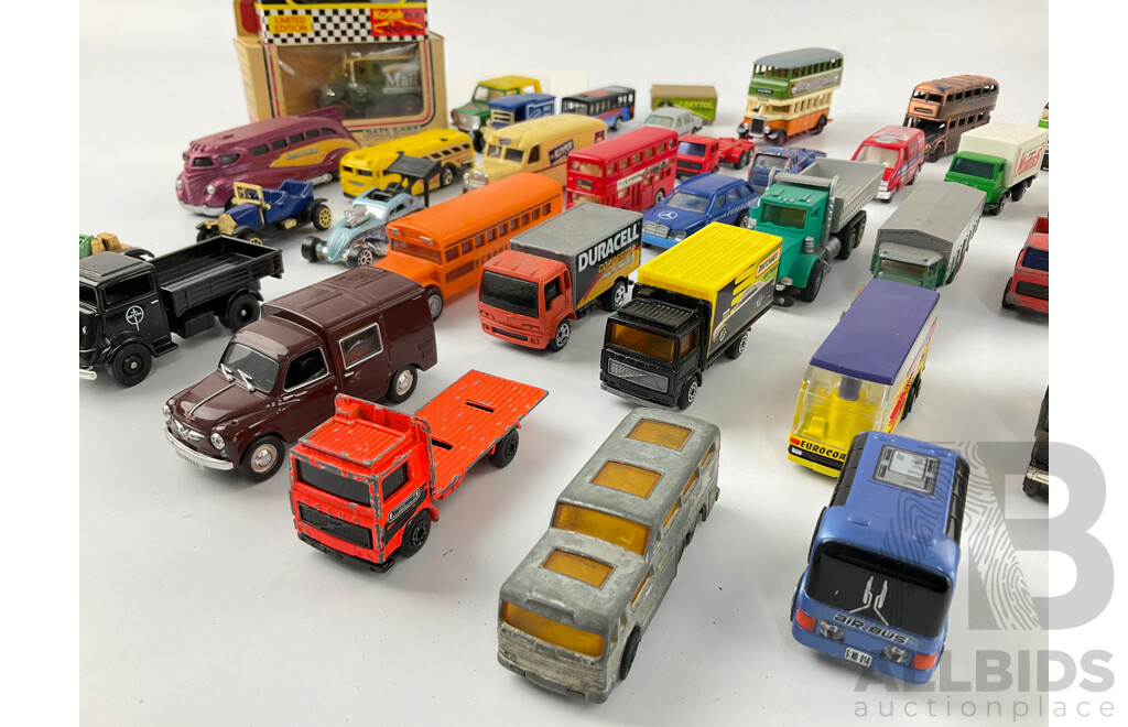 Collection of Diecast Trucks, Cars and Buses Including Mathbox, Days Gone, Corgi, Maisto