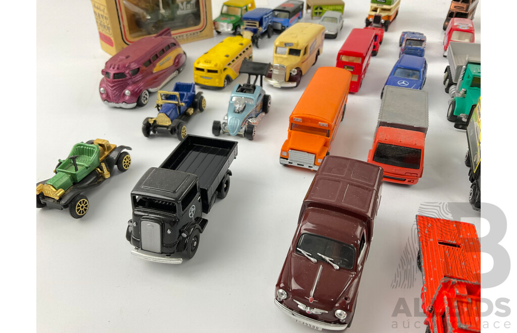 Collection of Diecast Trucks, Cars and Buses Including Mathbox, Days Gone, Corgi, Maisto