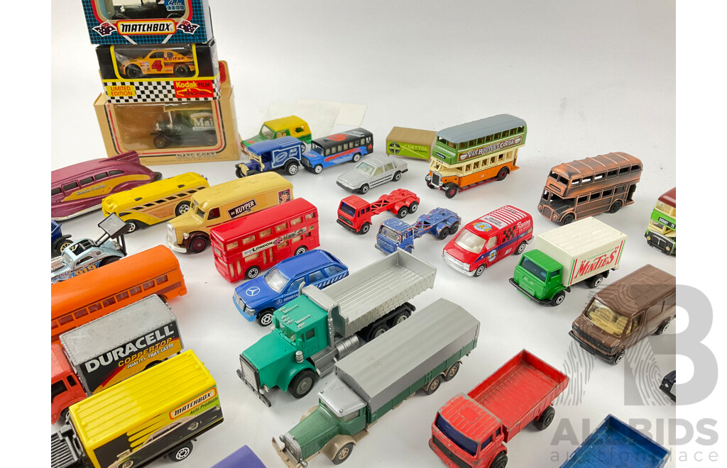 Collection of Diecast Trucks, Cars and Buses Including Mathbox, Days Gone, Corgi, Maisto