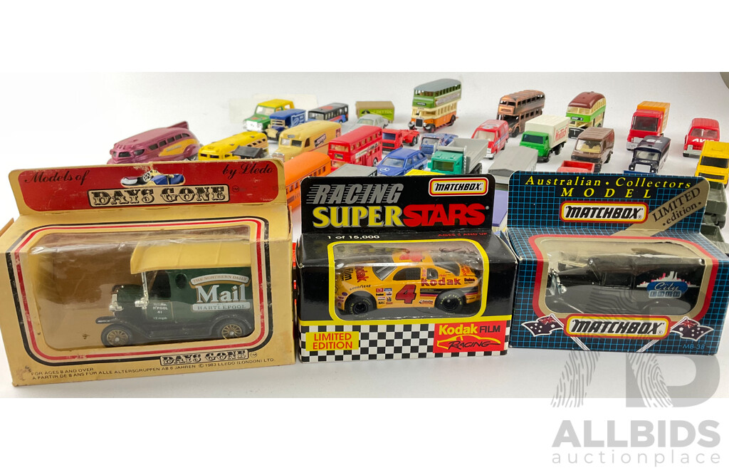 Collection of Diecast Trucks, Cars and Buses Including Mathbox, Days Gone, Corgi, Maisto