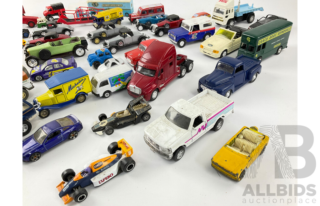 Collection of Diecast Race Cars, Vintage Cars and Trucks Including Matcbox, Hot Wheels and Corgi