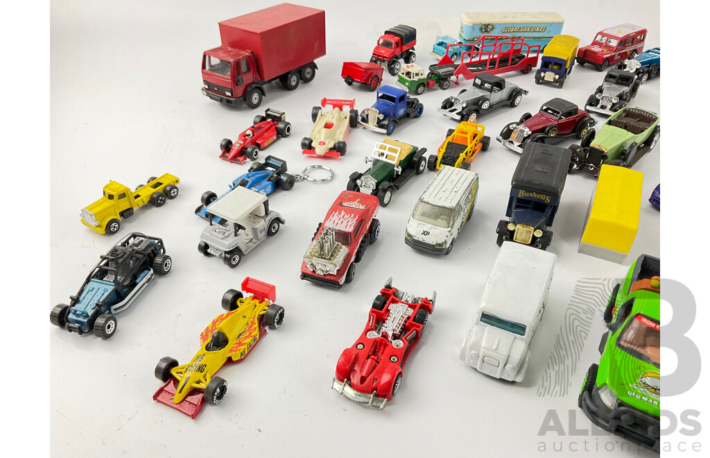 Collection of Diecast Race Cars, Vintage Cars and Trucks Including Matcbox, Hot Wheels and Corgi