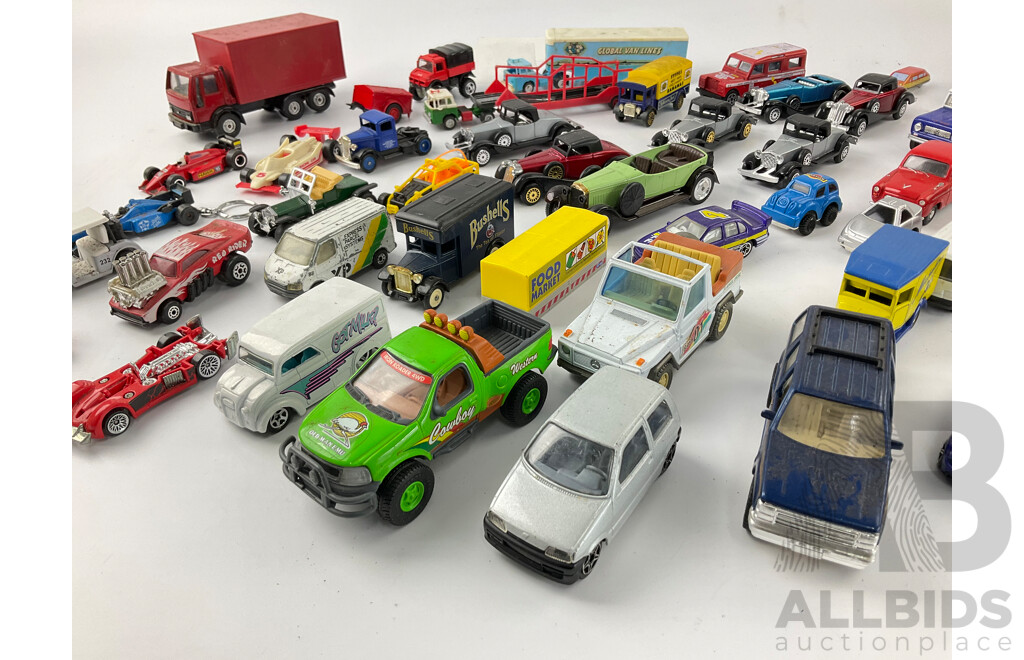 Collection of Diecast Race Cars, Vintage Cars and Trucks Including Matcbox, Hot Wheels and Corgi