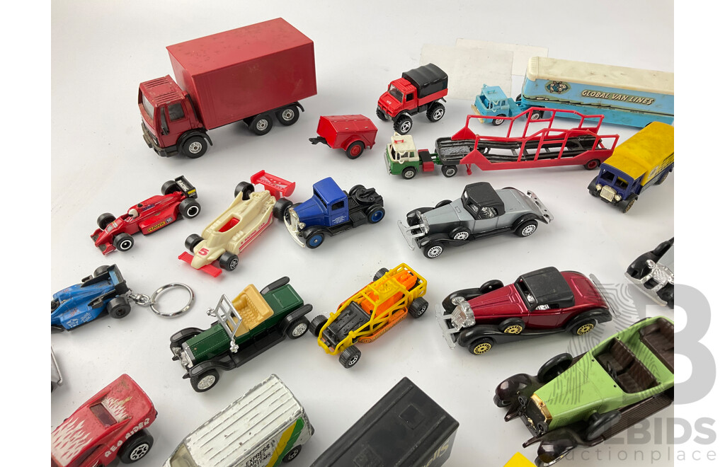 Collection of Diecast Race Cars, Vintage Cars and Trucks Including Matcbox, Hot Wheels and Corgi