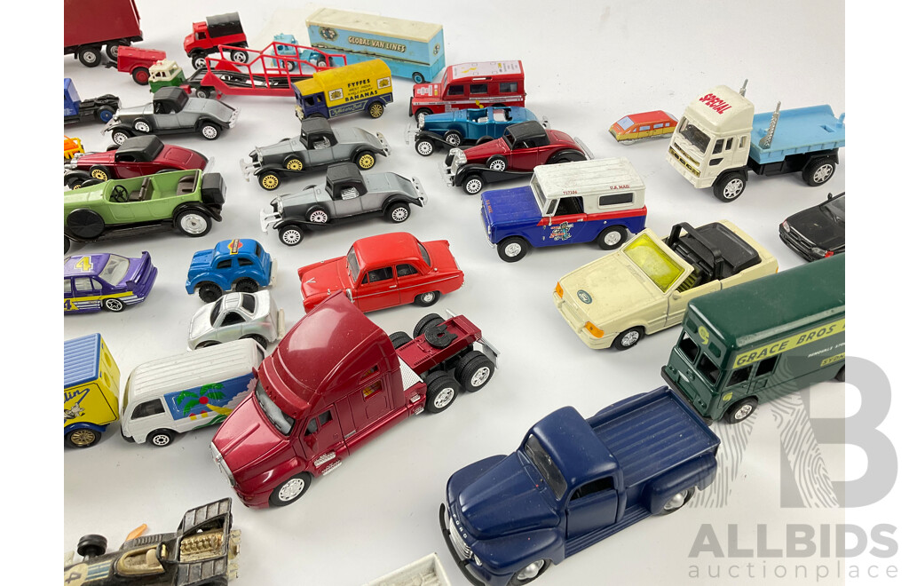 Collection of Diecast Race Cars, Vintage Cars and Trucks Including Matcbox, Hot Wheels and Corgi