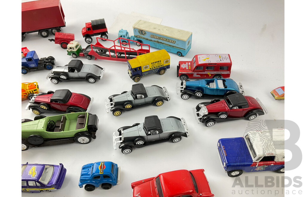 Collection of Diecast Race Cars, Vintage Cars and Trucks Including Matcbox, Hot Wheels and Corgi