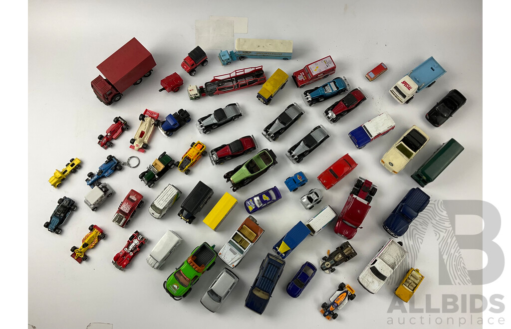 Collection of Diecast Race Cars, Vintage Cars and Trucks Including Matcbox, Hot Wheels and Corgi