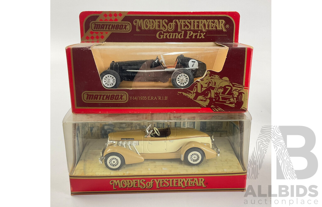 Six Boxed Matchbox Models of Yesteryear Classic Sports Cars Including Auburn Speedster, Jaguar SS-100, 1934 Riley MPH, 1930 4.5 Liter Super Charged Bentley