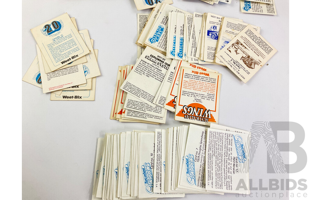 Collection of Vintage Bike, Cars, Trucks, Planes and Trains Collector Cards Including Two Wheel Classics, Collectors Cars,weetbix Big Rigs, Australia's Wings, and Great Steam Trains