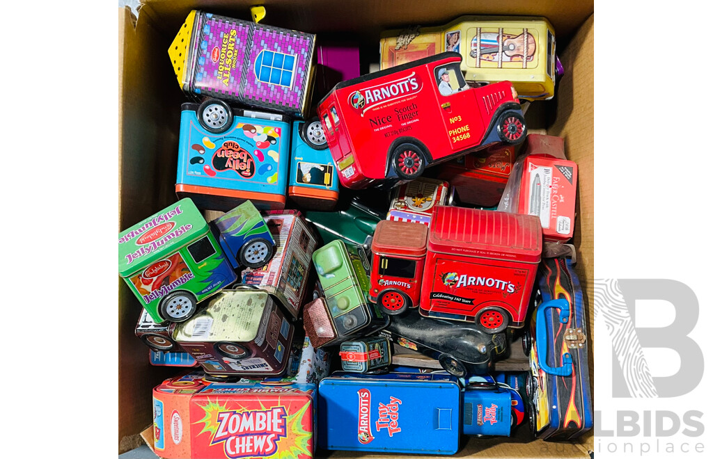 Large Collection of Novelty Tins Including Arnott’s Tins, Snickers, Jelly Beans and Much More