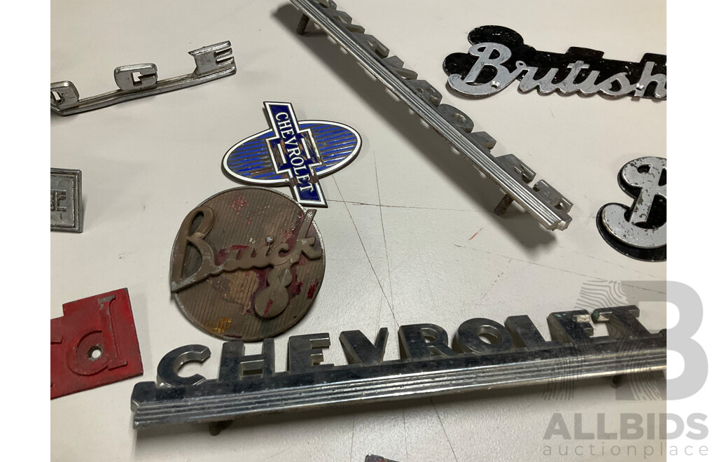 Collection of Mostly General Motors Vintage Badges Including Chevrolet, Holden, Pontiac, Buick, Bedford and More