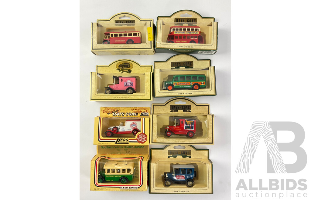 Eight Boxed Lledo Days Gone Cars Buses and Trucks Including 1920 Model T,  AEC Regent Double Decker, 1951 Mercedes O Type Bus, 1932 AEC Regal Single Deck Bus, Limited Edition Vectis Golden Jubilee