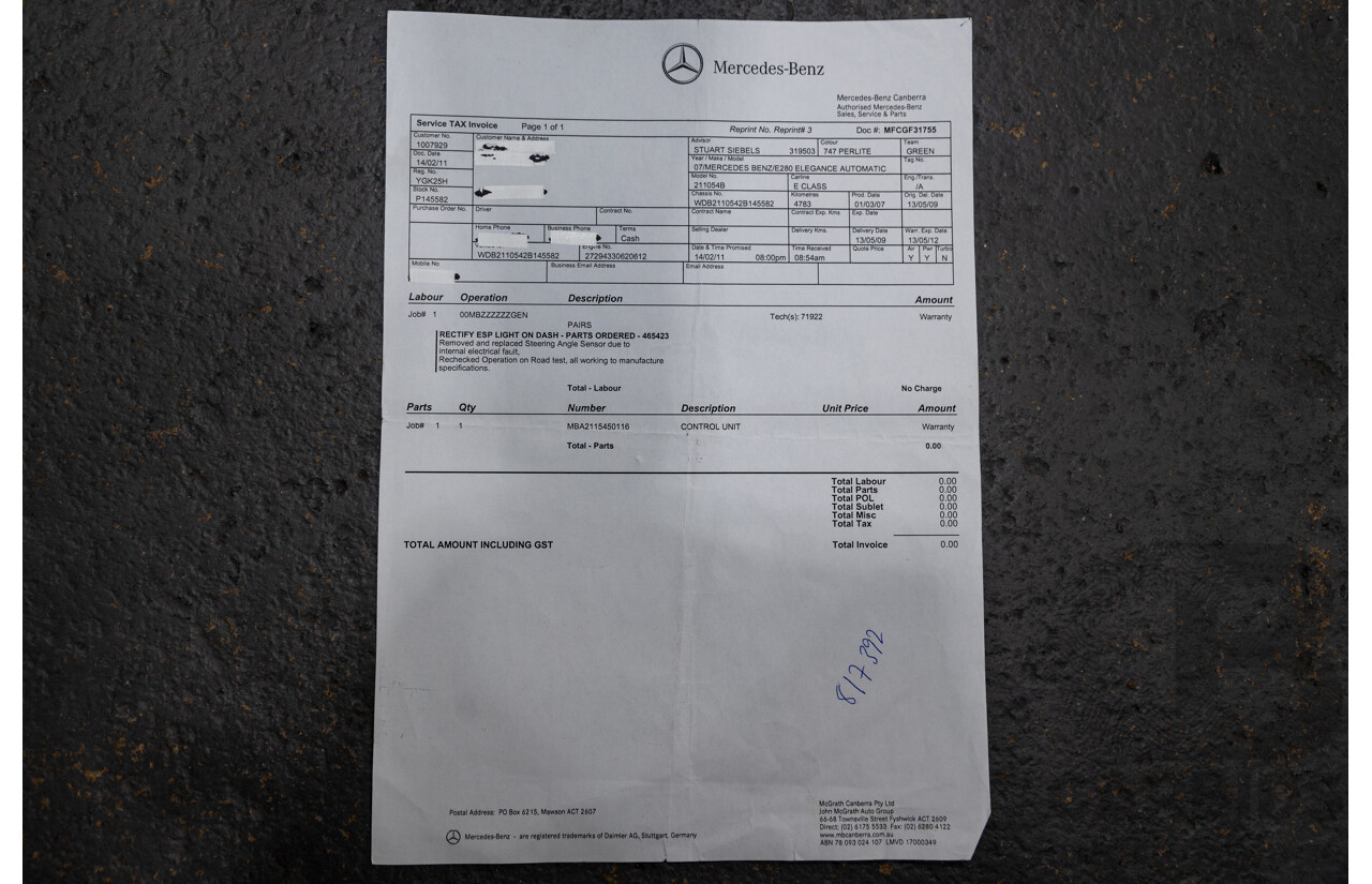 01/2008 Mercedes Benz E280 Elegance 211 MY07 Upgrade 4D Sedan Perlite Grey Metallic V6 3.0L