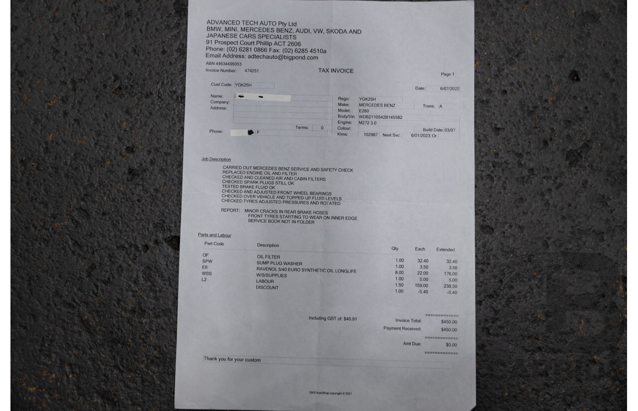 01/2008 Mercedes Benz E280 Elegance 211 MY07 Upgrade 4D Sedan Perlite Grey Metallic V6 3.0L