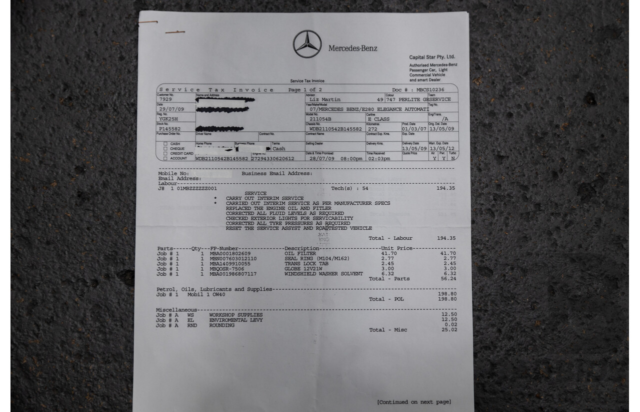 01/2008 Mercedes Benz E280 Elegance 211 MY07 Upgrade 4D Sedan Perlite Grey Metallic V6 3.0L