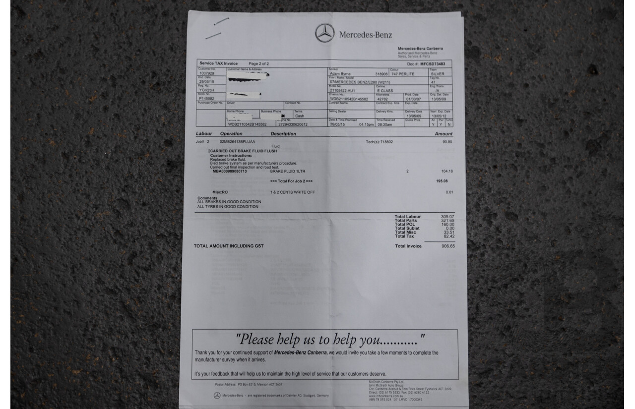 01/2008 Mercedes Benz E280 Elegance 211 MY07 Upgrade 4D Sedan Perlite Grey Metallic V6 3.0L