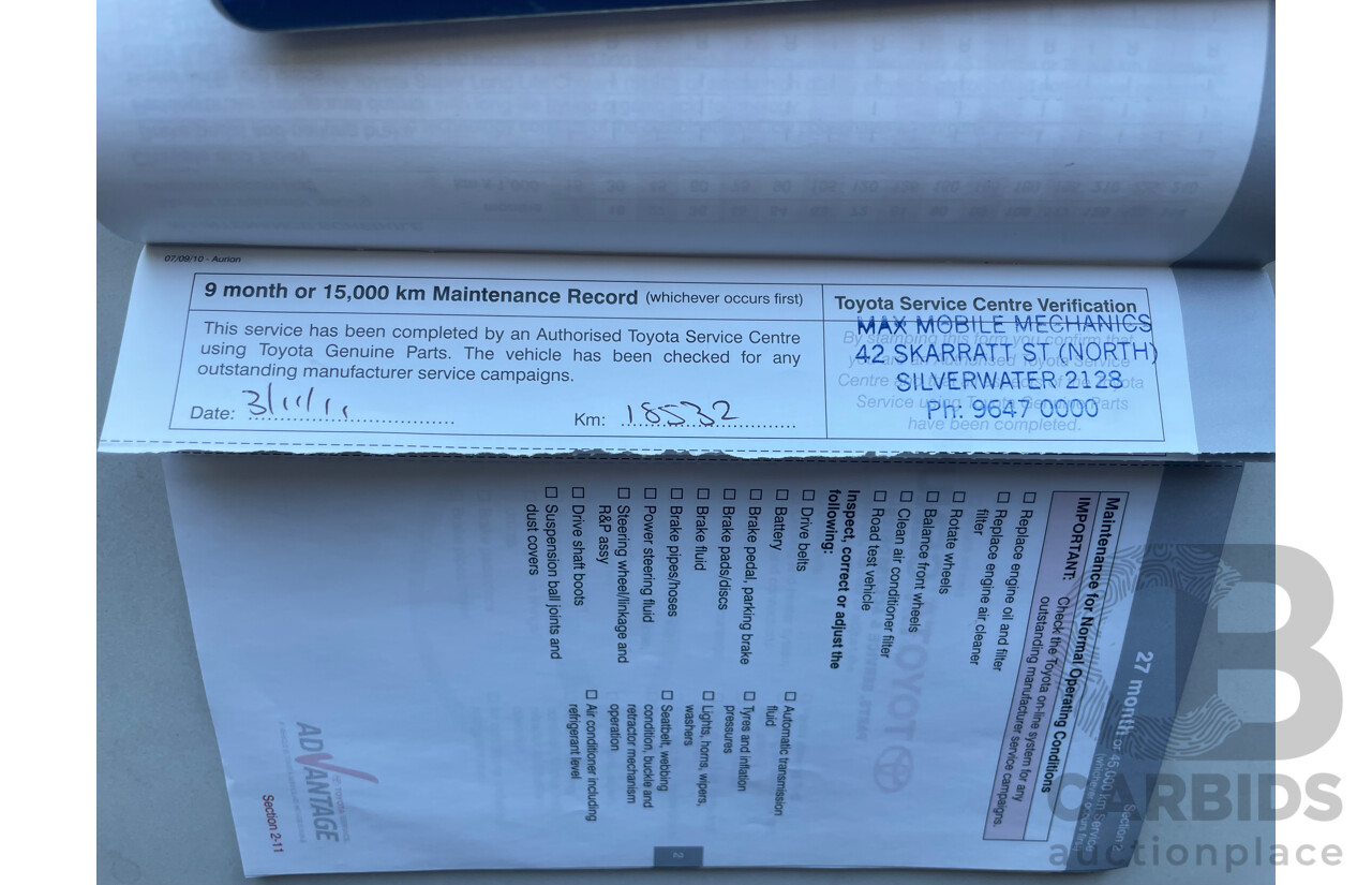 10/2010 Toyota Aurion AT-X FWD GSV40R 09 UPGRADE 4D Sedan Silver Or Chrome 3.5L