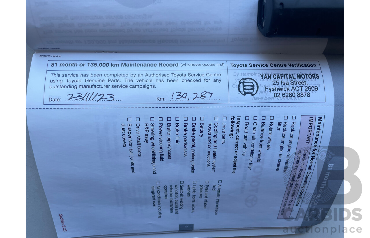10/2010 Toyota Aurion AT-X FWD GSV40R 09 UPGRADE 4D Sedan Silver Or Chrome 3.5L