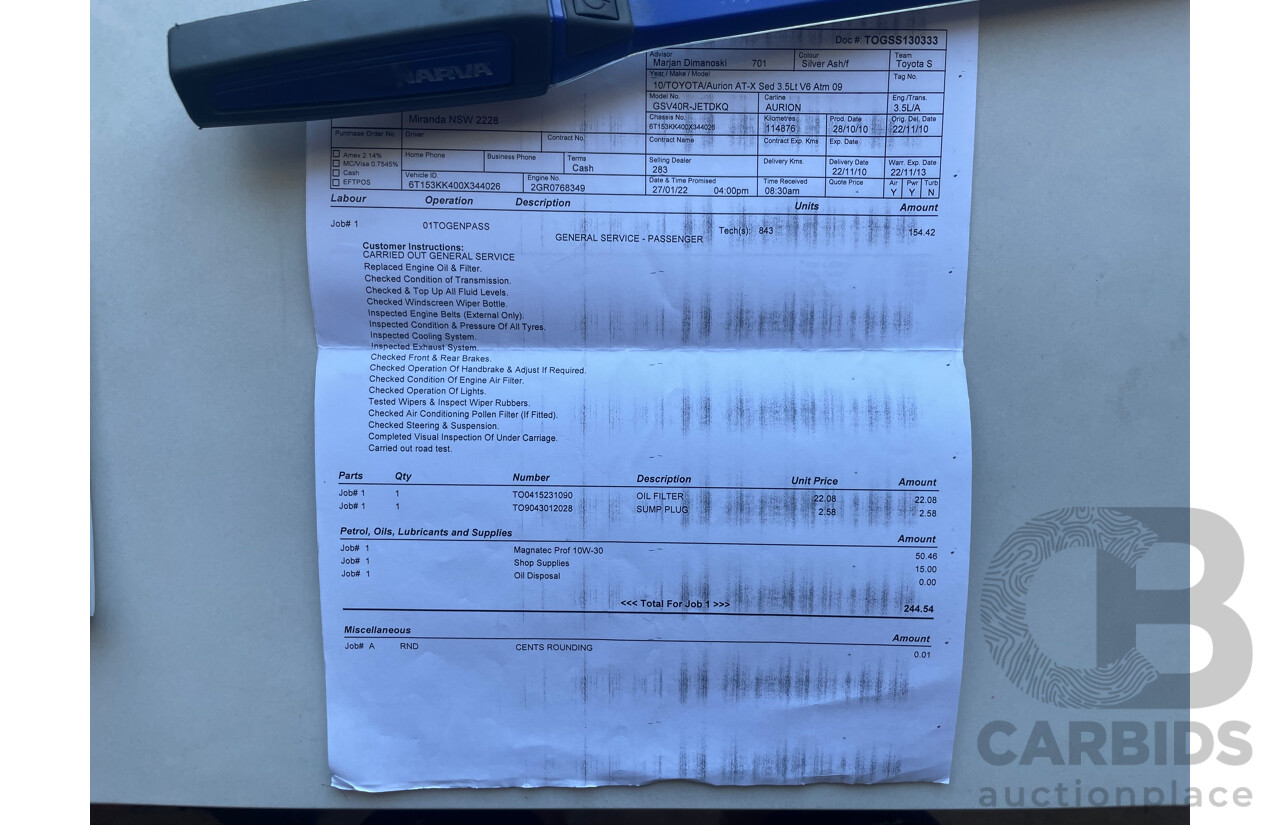 10/2010 Toyota Aurion AT-X FWD GSV40R 09 UPGRADE 4D Sedan Silver Or Chrome 3.5L