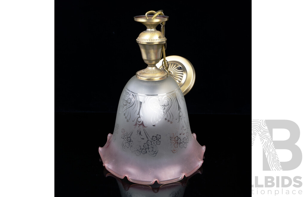 Antique Art Nouveau Hanging Ceiling Light with Brass Fittings and Pink Frosted Glass Shade and Fluted Edge