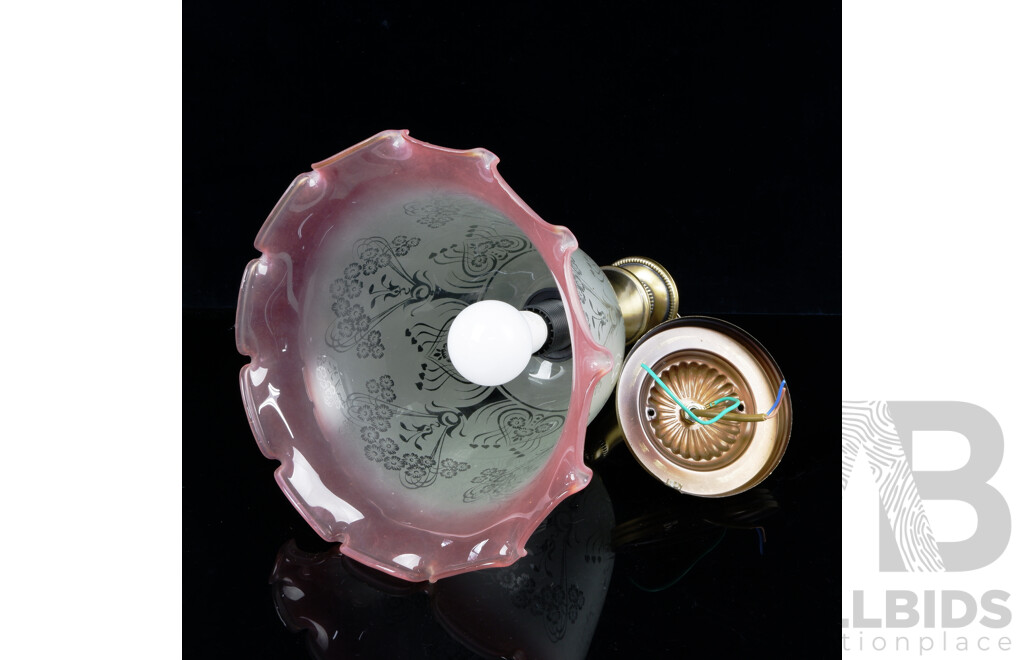 Antique Art Nouveau Hanging Ceiling Light with Brass Fittings and Pink Frosted Glass Shade and Fluted Edge