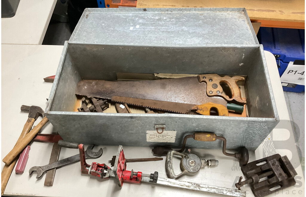 Collection of Vintage Hand and Workshop Tools Including M3 Drill Press Vice, Irwin Adjustable Forstner Bit, Wiltshire Files, Stigo and Disston Hand Saws and More