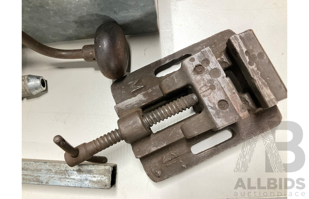 Collection of Vintage Hand and Workshop Tools Including M3 Drill Press Vice, Irwin Adjustable Forstner Bit, Wiltshire Files, Stigo and Disston Hand Saws and More