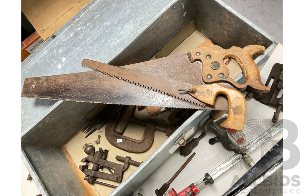 Collection of Vintage Hand and Workshop Tools Including M3 Drill Press Vice, Irwin Adjustable Forstner Bit, Wiltshire Files, Stigo and Disston Hand Saws and More